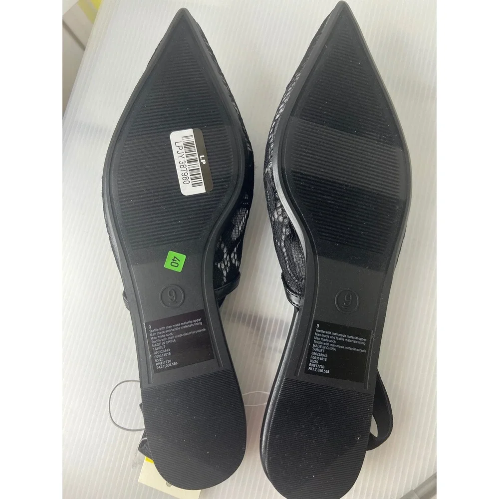 A New Day Womens Black Lace Slingback Flats Pointed Toe Bow Detail‎ Size 9 NWT